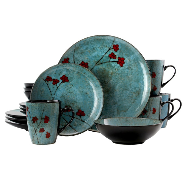 MEGAGOODS, INC. 995112038M Elama 16-Piece Stoneware Dinnerware Set, Blue/Red MEGAGOODS, INC. 995112038M Elama 16-Piece Stoneware Dinnerware Set, Blue/Red
