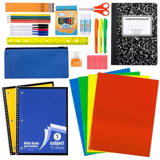 Keep your classroom fully stocked for the school year with Trailmaker 45-Piece School Supply Kits. Each kit includes a variety of helpful supplies for a successful year.  Each kit includes two 1-subject spiral notebooks, 1 black and white composition book, four 2-pocket organizer folders, a zip top canvas pencil case, five #2 pencils, 5 ballpoint ink pens, 5 colored pencils, 10 crayons, 3 highlighters, a 12in ruler, 2 twist-up glue sticks, 1 pencil sharpener with dome lid, 5in blunt-tip safety scissors and 4 erasers.  Ideal for students from grades K-12.