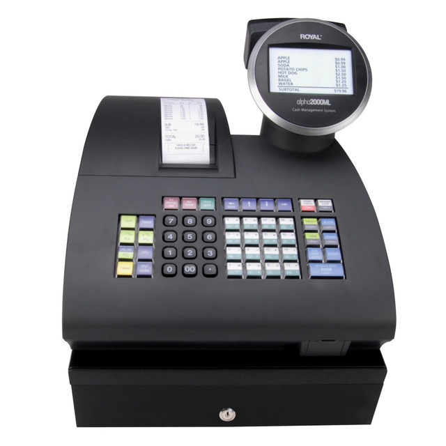 Make transactions a breeze at your business with a Royal 2000ML Electronic Cash Register. This dynamic register supports cash, check and charge sales recording for a variety of services.  Makes transactions simple and stores information for future data tracking.  Boasts a single alphanumeric thermal printer.  Keeps track of up to 200 departments and 7,000 price look ups.  Capable of keeping up to 40 clerk ID's.  Anti-bacterial cash register keytop.  Supports cash, check or charge sales recording.  Cash drawer locks for security.  Offers 4 automatic tax computations.  POS cash register keeps electronic journal management reports.  Spacious 4-slot bill tray fits US and Canadian currency.  Expandable 5-slot removable coin tray.  Built-in memory protection.  Backlit 10-line LCD user display.  Scrolling message 1-line customer display.  Integrated SD card slot.  Includes a manual, keys, paper roll, journal spindle and 2 AA batteries.