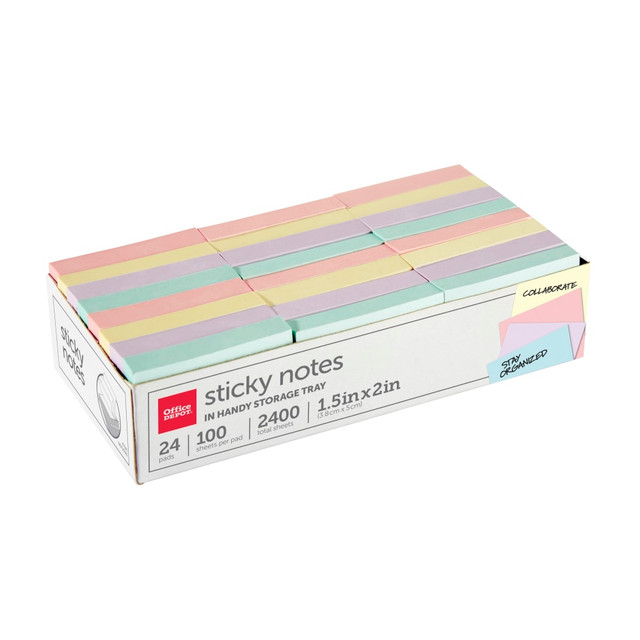 OFFICE DEPOT 21531-24PK  Brand Sticky Notes, With Storage Tray, 1-1/2in x 2in, Assorted Pastel Colors, 100 Sheets Per Pad, Pack Of 24 Pads