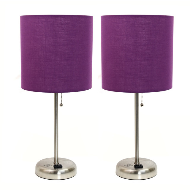 ALL THE RAGES INC LimeLights LC2001-PRP-2PK  Brushed Steel Stick Lamp with Charging Outlet and Purple Fabric Shade 2 Pack Set