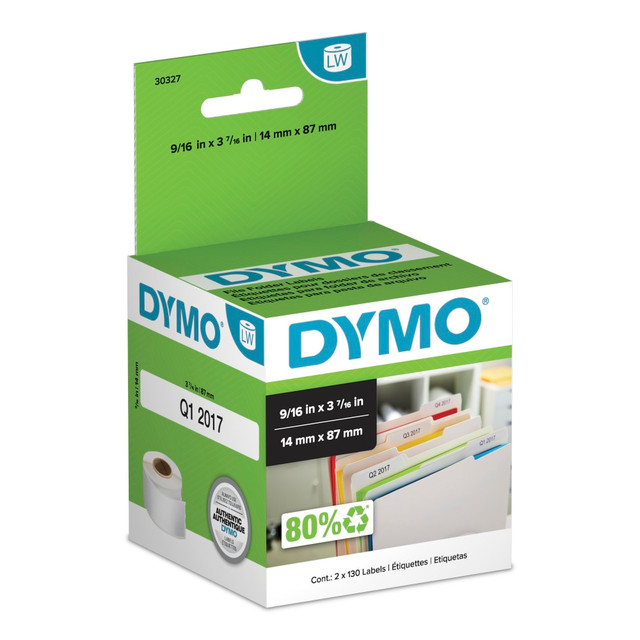 The perfect solution for all your file labeling needs, DYMO LW File Folder labels make office organization easy. Never lose track of a document again with durable, reliable labels from DYMO.  CONVENIENT AND COST EFFECTIVE: Peel-and-stick multi-purpose labels with strong self-adhesive backing; print with direct thermal printing technology - no ink or toner required  NO WASTED LABELS: Packed in rolls so you can print as many labels as needed  FIND LABELS FOR YOUR NEEDS: Available in a variety of sizes for mailing, shipping, barcode, and specialty applications  ALWAYS USE AUTHENTIC DYMO LABELS: For use with most DYMO label printers, including DYMO LabelWriter 5XL, 550, 550 Turbo, 4XL, 450, Wireless, 450 Duo, 450 Turbo, 450 Twin Turbo, and Desktop Mailing Solution  Quality tape for your Dymo LabelWriter.  INCLUDES 260 LABELS: 2 rolls of 130 Labels (9/16in x 3-7/16in)
