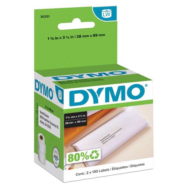 NEWELL BRANDS INC. 30251 DYMO 30251 LabelWriter Address Labels, 30251, 1 1/8in x 3 1/2in, White, 130 Labels Per Roll, Pack Of 2 Rolls