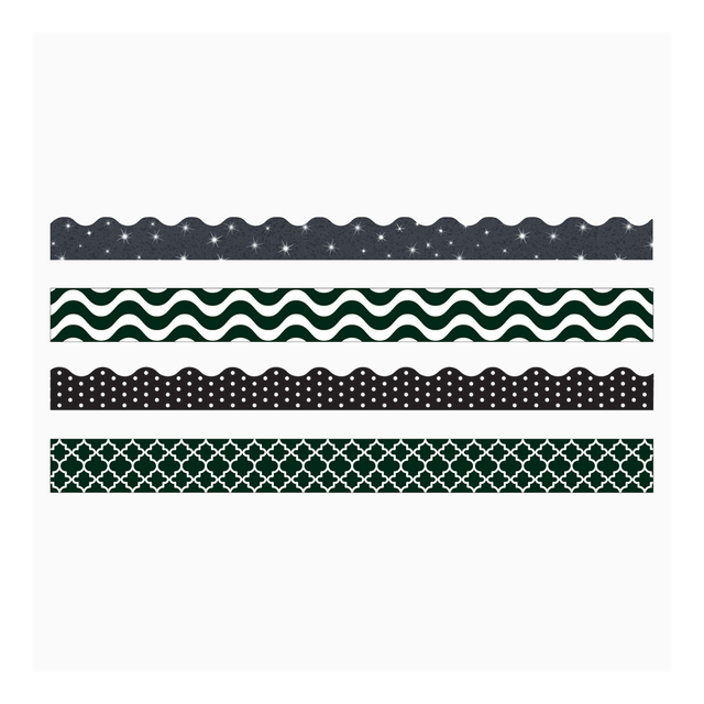 Help make each class period bright and cheerful with Terrific Trimmer borders. TREND borders allow you to create a fun, festive atmosphere for your students.  Add a decorative touch to your classroom environment.  Precut, scalloped design offers a neat appearance.  Layer patterns on solids, sparkles, or metallics for extra WOW! Durable and reusable.  Includes Black Sparkle Terrific Trimmers, Moroccan Black Bolder Borders, Wavy Black Bolder Borders, and Polka Dots Black Terrific Trimmers.  Includes 143 feet.
