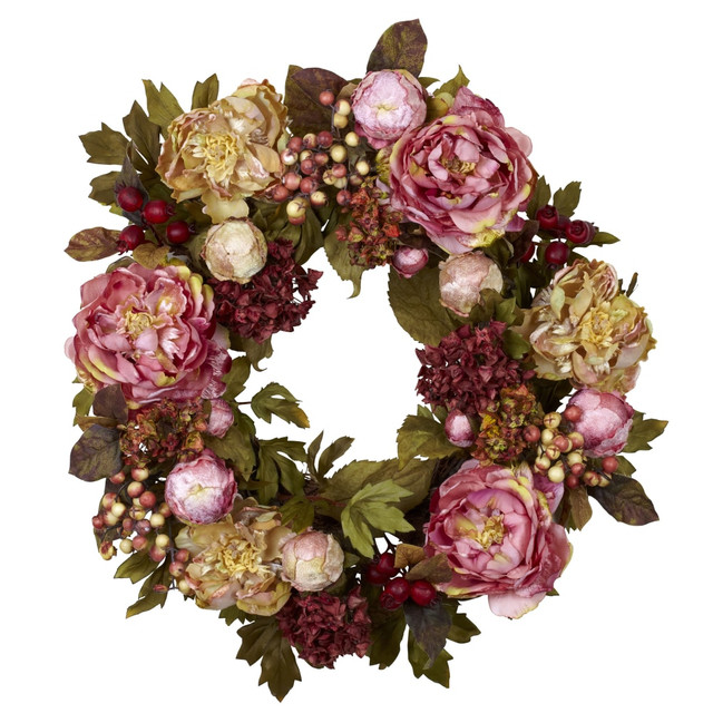 NEARLY NATURAL INC. 4930 Nearly Natural Polyester Peony Hydrangea Wreath, 24in, Autumn