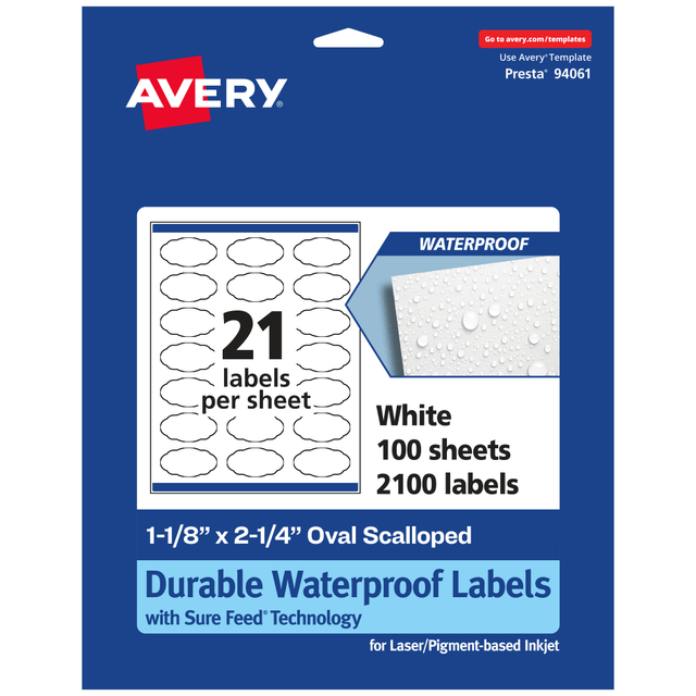 AVERY PRODUCTS CORPORATION 94061-WMF100 Avery Waterproof Permanent Labels With Sure Feed, 94061-WMF100, Oval Scalloped, 1-1/8in x 2-1/4in, White, Pack Of 2,100 AVERY PRODUCTS CORPORATION 94061-WMF100 Avery Waterproof Permanent Labels With Sure Feed, 94061-WMF100, Oval Scalloped, 1-1/8in x 2-1/4in, White, Pack Of 2,100