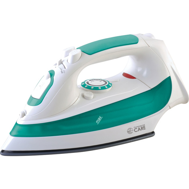 Professionally steam your garments with the Commercial Care 1200W Steam Iron. A variety of steam control settings are ideal for virtually any clothing item.  Variable steam control, vertical steaming and burst of steam with spray and mist options for versatility.  Self-cleaning, silicone fluoride-coated, non-stick sole plate for simple operation.  5.07 oz water tank capacity.  8-1/2ft cord with strain relief provides flexibility.  Water measuring cup included.  Backed by the manufacturers 1-year limited warranty.