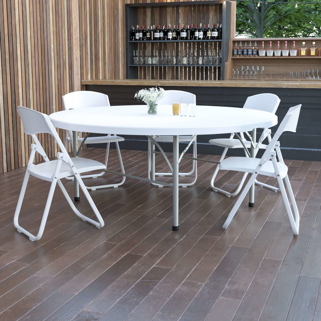 FLASH FURNITURE DAD183RZ Round Bi-Fold Plastic Banquet And Event Folding Table, 29inH x 71inW x 71inD, Granite White FLASH FURNITURE DAD183RZ Round Bi-Fold Plastic Banquet And Event Folding Table, 29inH x 71inW x 71inD, Granite White