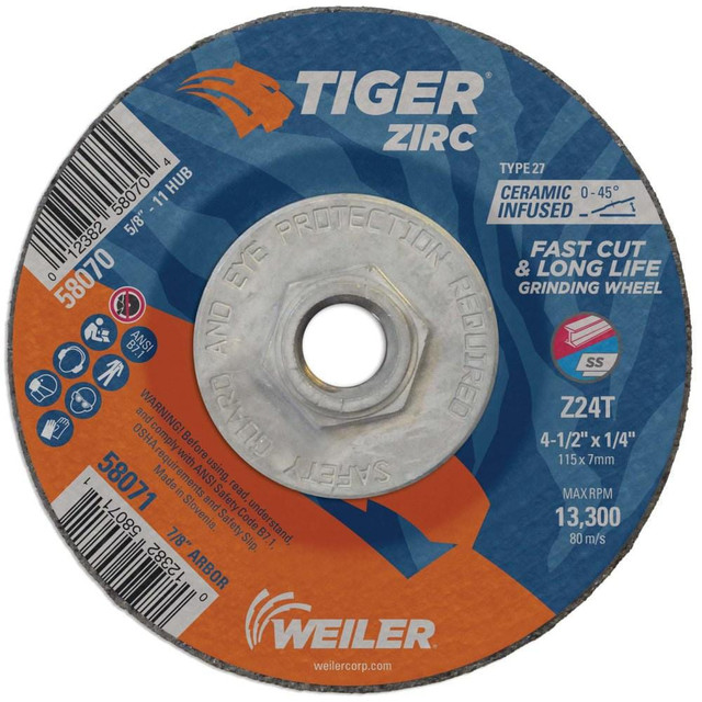 Weiler 58070 Depressed Center Wheel: Type 27, 4-1/2" Dia, 1/4" Thick, Zirconia Alumina