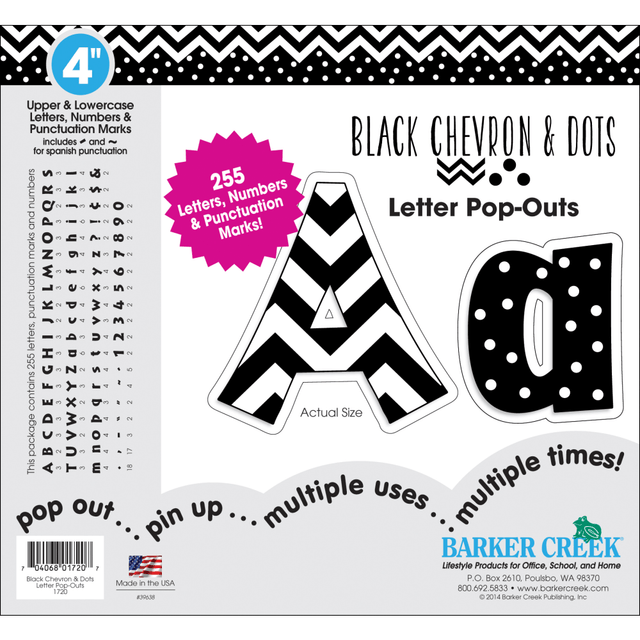 BARKER CREEK PUBLISHING, INC. LL1720 Barker Creek Letter Pop-Outs, 4in, Black Chevron And Dots, Set Of 255