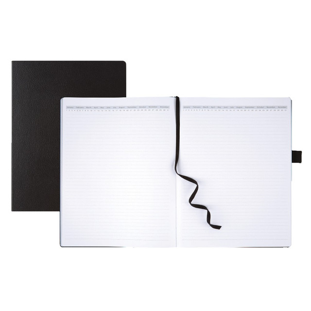 Take notes and keep track of meetings with this business journal that includes a perpetual calendar  Hardcover design protects your important information.  27-lb paper enables smooth writing.  Microperforated sheets are easy to remove.  Narrow ruling helps keep writing neat.  Designed to lay flat when open, so you can write from margin to margin.  Tight elastic closure strap secures the journal shut.  Back cover document compartment is expandable to accept loose paperwork.  Attached pen loop lets you keep a writing instrument with you.  Perpetual calendar allows you to track upcoming events for a given day, month or year.  Faux Leather is a synthetic material. See specs for details.