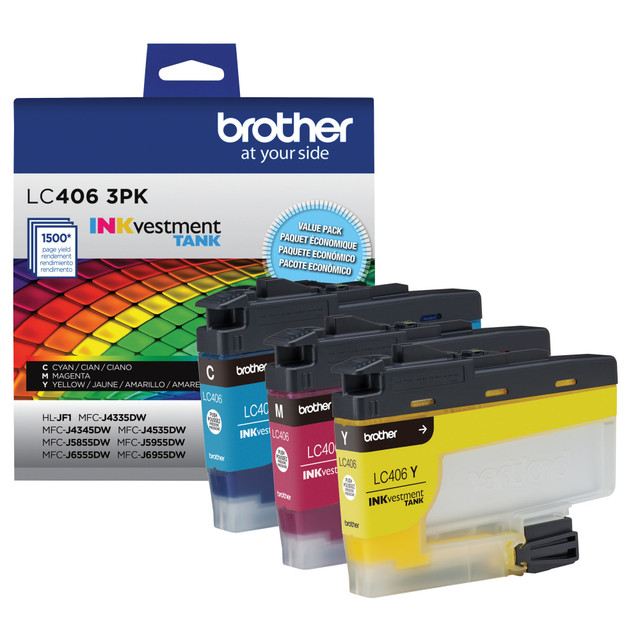 BROTHER INTL CORP LC4063PKS Brother LC4063PKS INKvestment Cyan, Magenta, Yellow Ink Tanks, Pack Of 3 BROTHER INTL CORP LC4063PKS Brother LC4063PKS INKvestment Cyan, Magenta, Yellow Ink Tanks, Pack Of 3