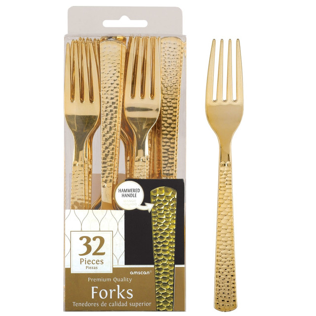 AMSCAN 430942.19  Hammered Plastic Forks, 7in, Gold, Pack Of 32 Forks