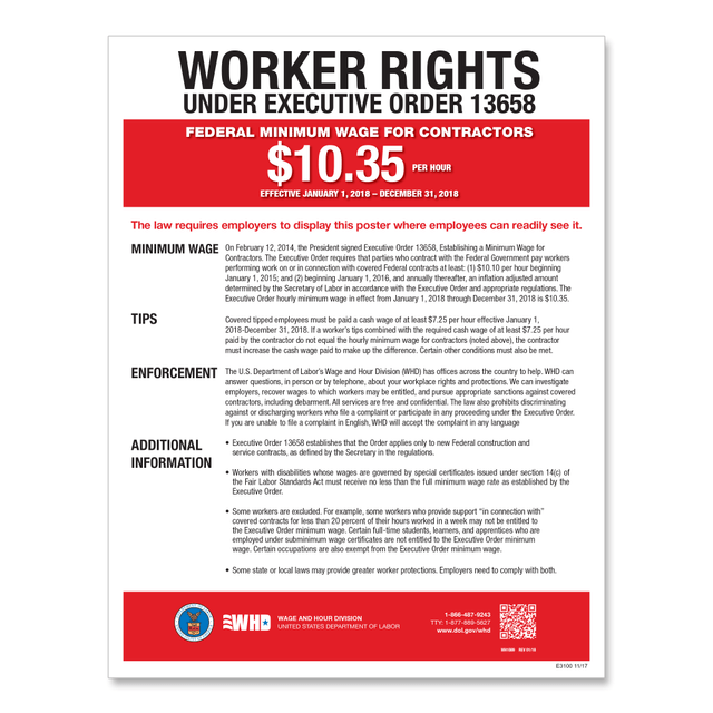 TAX FORMS PRINTING, INC. E2240 ComplyRight Federal Contractor Minimum Wage Poster, English, 11in x 17in