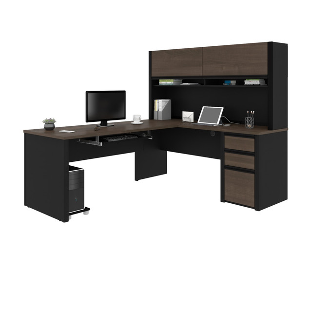 BESTAR INC. 93859-000052 Bestar Connexion 72inW L-Shaped Corner Desk With Hutch And Pedestal, Antigua/Black BESTAR INC. 93859-000052 Bestar Connexion 72inW L-Shaped Corner Desk With Hutch And Pedestal, Antigua/Black