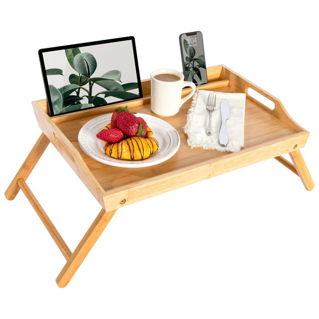 CREATIVE MANUFACTURING LLC 78107 Rossie Home Media Bed Tray, 13.9inH x 21.8inW x 2.6inD, Natural Bamboo