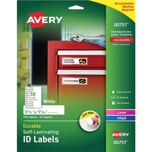 AVERY 00757 Label Maker Label: White, Paper, 3-1/2" OAL, 250 per Roll