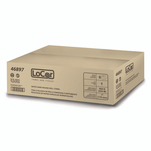 SOLARIS PAPER LoCor® 46897 Hard Wound Roll Towel, 1-Ply, 7" x 800 ft, White, 6 Rolls/Carton