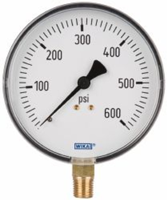 Wika 4256051 Pressure Gauge: 4" Dial, 0 to 600 psi, 1/4" Thread, NPT, Lower Mount