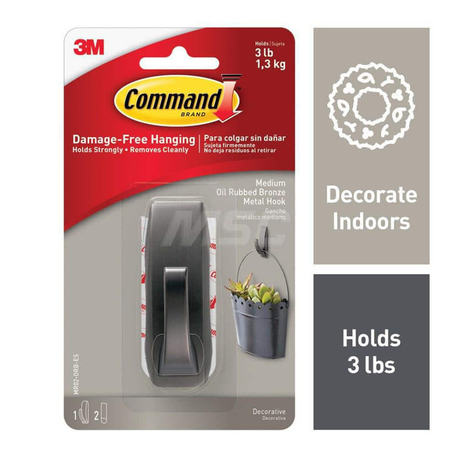 3M Storage Hook: Adhesive Back Mount, 1.155" Projection, 3 lb Load Capacity, Metal 7100083205