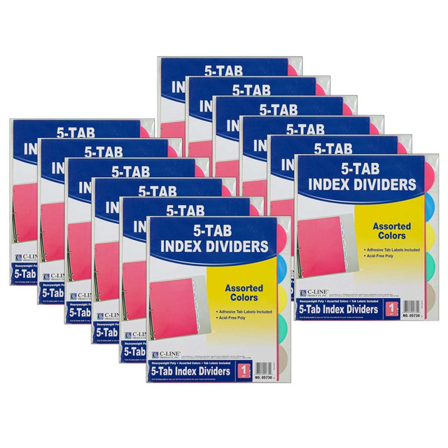 BAUMGARTENS CLI05730BN C-Line 5-Tab Poly Index Dividers, 8 1/2in x 11in, Assorted Colors, 5 Dividers Per Pack, Set Of 12 Packs BAUMGARTENS CLI05730BN C-Line 5-Tab Poly Index Dividers, 8 1/2in x 11in, Assorted Colors, 5 Dividers Per Pack, Set Of 12 Packs