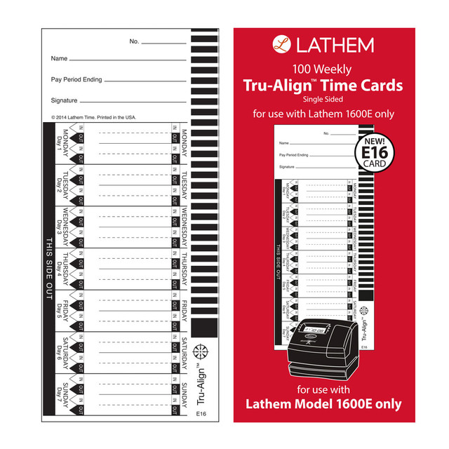 LATHEM TIME CORPORATION Lathem E16-100  TruAlign E16 Time Cards For 1600E, Weekly, 1-Sided, 4in x 9in, White, Box Of 100