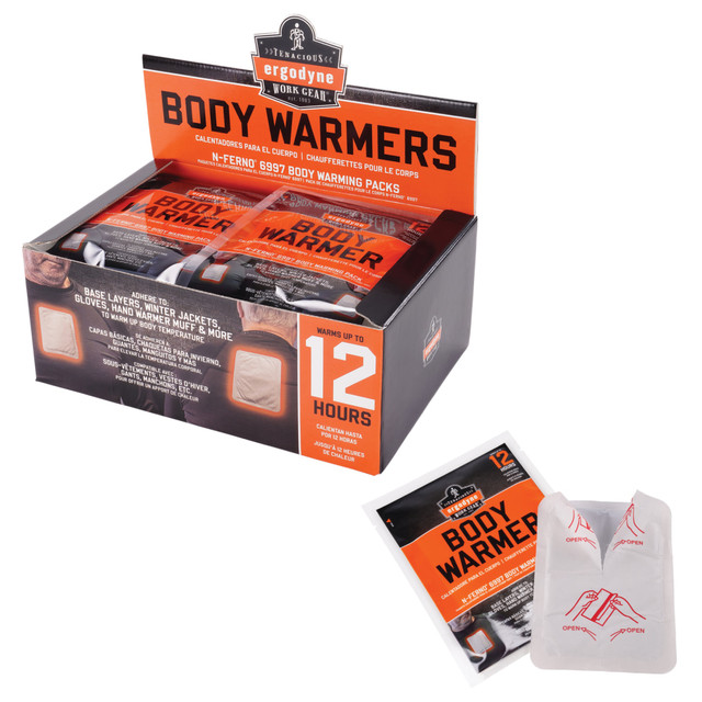 Stay warm for hours with your Ergodyne N-Ferno 6997 body warmers. Each warmer can be applied to the base layer or interior of your jacket, gloves or ear muffs for up to 12 hours of warmth.  Offers up to 12 hours of warming.  Adheres directly to clothing or accessories for warmth where you need it.  Apply to base layer or interior of jackets, gloves and ear muffs (do not apply directly to skin).  Starts working as soon as the package is opened.