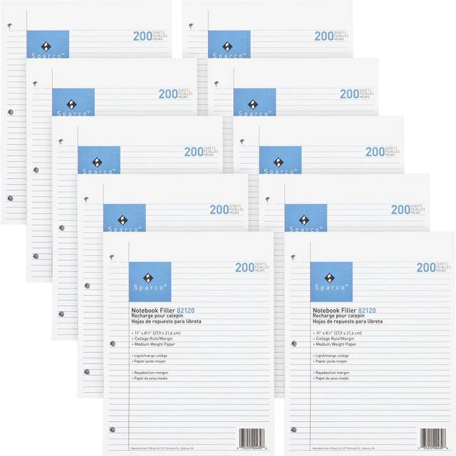 SP RICHARDS 82120BD Sparco Notebook Filler Paper - Letter - 200 Sheets - Ruled Red Margin - 16 lb Basis Weight - Letter - 8 1/2in x 11in Sheet Size - White Paper - Subject - 200/Pack - 10 / Bundle SP RICHARDS 82120BD Sparco Notebook Filler Paper - Letter - 200 Sheets - Ruled Red Margin - 16 lb Basis Weight - Letter - 8 1/2in x 11in Sheet Size - White Paper - Subject - 200/Pack - 10 / Bundle