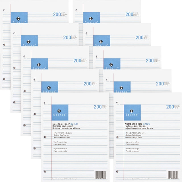 SP RICHARDS Sparco 82120BD  Notebook Filler Paper - Letter - 200 Sheets - Ruled Red Margin - 16 lb Basis Weight - Letter - 8 1/2in x 11in - White Paper - Subject - 2000 / Bundle