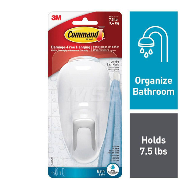 3M Storage Hook: Adhesive Back Mount, 2.12" Projection, 7.5 lb Load Capacity, Plastic 7100132713