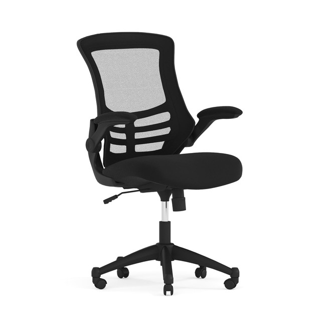 Combine style and functionality with this Flash Furniture mid-back mesh task chair. The heavy-duty nylon base blends stability with durability, while the dual-wheel casters provide easy maneuverability. A padded seat with built-in lumbar support offers comfort for all-day use. This Flash Furniture mid-back office chair features pneumatic seat-height adjustment to help create a personalized, comfortable sitting position.  Mesh material provides durability and is easy to clean.  Built-in lumbar support of the ergonomic office chair helps maintain the natural curve of your spine.  Pneumatic seat-height adjustment ensures customized comfort.  Tilt adjustment and locking features provide flexible recline angles.  Flip-up arms provide easy access to the mid-back office chair.  Tested to meet ANSI/BIFMA Performance Standards - Manufacturer testing has been conducted on this product to meet specific performance requirements and safety standards set forth by the American National Standards Institute (ANSI) and the Business and Institutional Furniture Manufacturers.