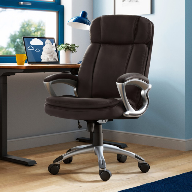 Enjoy support and comfort while you work with this smooth and stylish bonded leather office chair that is made for a look of luxury. Its easy to move the chair wherever its needed thanks to its wheels, and the tilt and height adjustments let you find the position that works for you. You will be able to attack your workflow with confidence when you sit in this office chair.  Buttery soft bonded leather upholstery and body pillow cushions.  Lumbar feature with an adjustable panel.  Waterfall seat cushion.  Height-adjustable design.  Tilt adjustments.  Frame is made of metal and wood and features built-in wheels.  Swiveling design.  Assembly required.  Tested to meet ANSI/BIFMA Performance Standards - Manufacturer testing has been conducted on this product to meet specific performance requirements and safety standards set forth by the American National Standards Institute (ANSI) and the Business and Institutional Furniture Manufacturers.