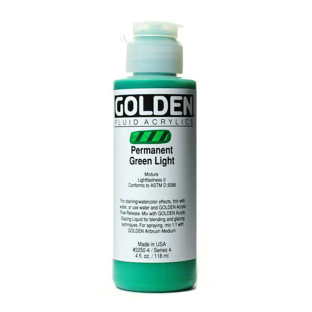 GOLDEN ARTIST COLORS, INC. Golden 2250-4  Fluid Acrylic Paint, 4 Oz, Permanent Green Light