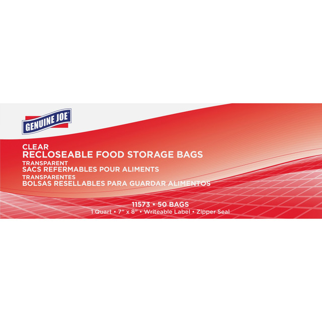 SP RICHARDS 11573 Genuine Joe Food Storage Bags - 1 quart Capacity - 7in Width x 8in Length - 1.75 mil (44 Micron) Thickness - Clear - 50/Box - Food, Beef, Seafood, Poultry, Vegetables