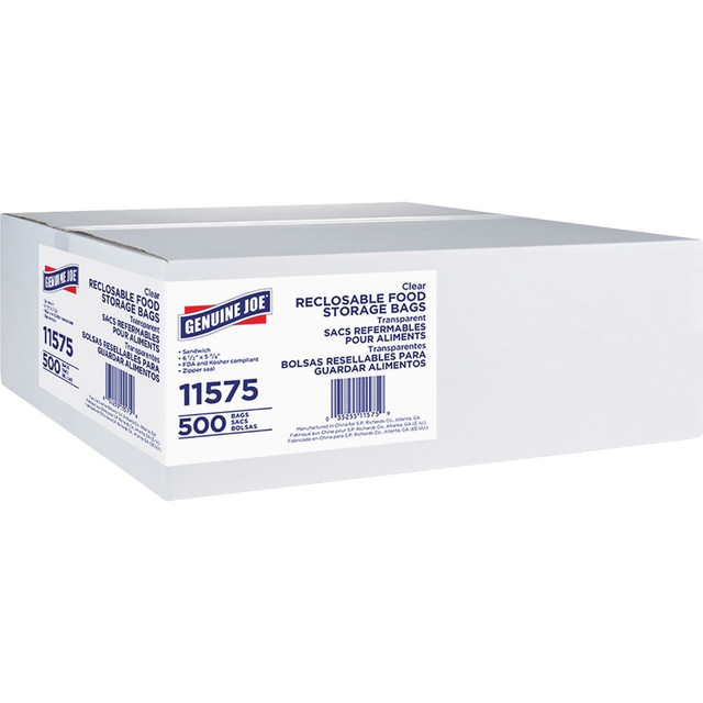 SP RICHARDS 11575 Genuine Joe Food Storage Bags - 6.50in Width x 5.88in Length x 1.15 mil (29 Micron) Thickness - Zipper Closure - Clear - Food, Beef, Poultry, Seafood, Vegetables - 500 / Box SP RICHARDS 11575 Genuine Joe Food Storage Bags - 6.50in Width x 5.88in Length x 1.15 mil (29 Micron) Thickness - Zipper Closure - Clear - Food, Beef, Poultry, Seafood, Vegetables - 500 / Box