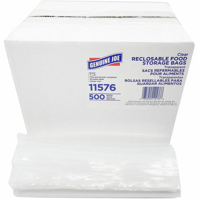 SP RICHARDS 11576 Genuine Joe Food Storage Bags - 7in Width x 8in Length x 1.75 mil (44 Micron) Thickness - Zipper Closure - Clear - Food, Beef, Poultry, Vegetables, Seafood - 500 / Box SP RICHARDS 11576 Genuine Joe Food Storage Bags - 7in Width x 8in Length x 1.75 mil (44 Micron) Thickness - Zipper Closure - Clear - Food, Beef, Poultry, Vegetables, Seafood - 500 / Box