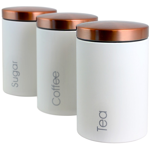 Easily store flour, sugar, coffee, tea and herbs with the MegaChef Essential 3-Piece Kitchen Storage Canister Set. Pressure-fit lids keep items fresh until you want to use them.  Canisters are made from durable metal.  Pressure-fit lids.  BPA-free.  Not intended for freezer, dishwasher or microwave use.