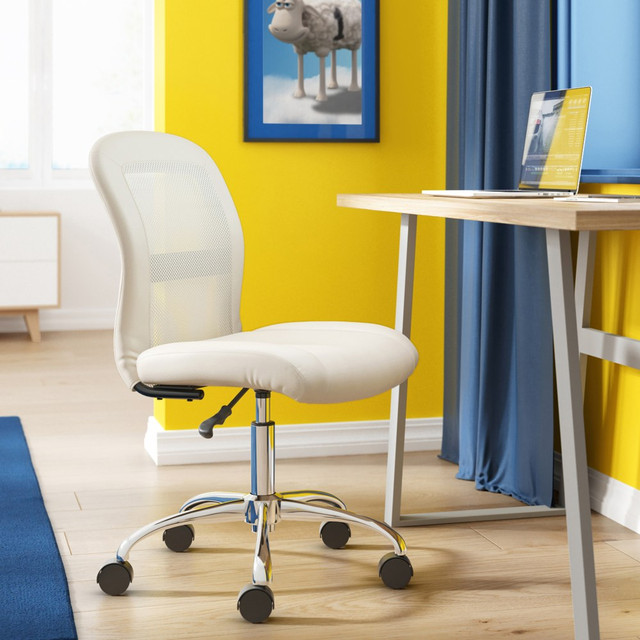 With a stylish look and comfortable cushioning, this mid-back chair is an eye-catching addition to just about any office area. The armless design makes it easy to slide under desks and tables to help you maximize the available space.  Overall Dimensions: 36 1/2inH x 18 1/2inW x 23inD.  Weight capacity tested to support 250 lb.  Lumbar feature supports your lower back and enhances the natural curve of your spine.  Waterfall seat cushion slopes slightly downward to help reduce stress on your legs.  Faux leather upholstery provides an elegant look and soft, comfortable feel.  Pneumatic adjustment allows you to quickly change the height with just a touch of the lever.  Multidirectional casters enable you to move around with ease.  Assembly required.  Meets and/or exceeds ANSI/BIFMA performance standards.  Tested to meet ANSI/BIFMA Performance Standards - Manufacturer testing has been conducted on this product to meet specific performance requirements and safety standards set forth by the American National Standards Institute (ANSI) and the Business and Institutional Furniture Manufacturers.  Suitable as an office home chair or as a Student desk chair.  Faux Leather is a synthetic material. See specs for details.