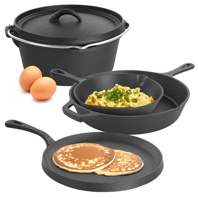Impress friends and family with delicious meals made with your MegaChef Pre-Seasoned 5-Piece Cast Iron Cookware Set. Each piece comes pre-seasoned so you can start cooking immediately.  Includes a 10-1/2in skillet, an 8in skillet, a 9-3/4in griddle and a 9-1/2in dutch oven with lid.  Crafted from cast iron.  Oven safe up to 450 deg..  Compatible with gas, electric, glass, induction and grill/campfire stoves.  Season when necessary.  Hand wash only.