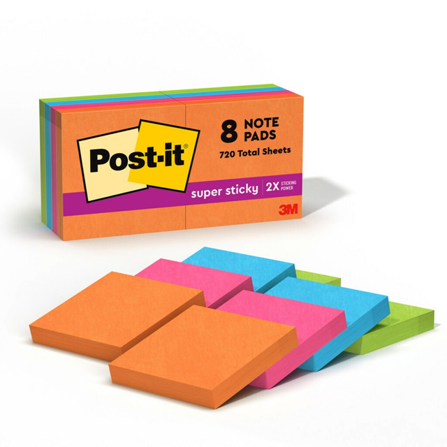 3M CO 622-8SSAU Post-it Super Sticky Notes, 8 Pads, 1 7/8 in x 1 7/8 in, 2x the Sticking Power, School Supplies and Office Products, Sticky Notes for Vertical Surfaces, Monitors, Walls and Windows, Energy Boost Collection