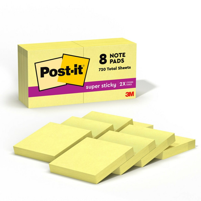 Cut through the clutter with the iconic Canary Yellow Post-it Mini Super Sticky Notes. Whether jotting down your daily to-dos, brainstorming big ideas, studying or setting reminders, colors and ideas are always brighter together. These sticky notes feature 2X the sticking power. They also stick and re-stick - allowing you to move your notes with you throughout your day. They"re ideal for walls, doors, windows and other vertical surfaces, and like all Post-it Notes, they stick securely yet remove cleanly without damage. Keep your ideas across your notebooks, classroom books, calendars or other documents. No tape or tacks are needed with adhesive notes, saving you money and time on office products or school supplies. A great memo pad, these are ideal for using for notes or reminders to yourself or others. Post-it Super Sticky Notes are the perfect solution for shopping lists, reminders, notes on computer screens, time tracking, to-do lists, marking cables, color-coding documents, reminding kids to do chores, storyboarding, scratch paper and agile processing.  EXPERIENCE THE POWER OF 2X STICKINESS: Post-it Super Sticky Notes offer twice the sticking power of basic sticky notes, ensuring they stay put and wonT fall off  STICK AND RESTICK ANYWHERE: These notes adhere firmly to walls, windows, doors, and other vertical surfaces, allowing you to move your reminders with ease  VERSATILE AND ESSENTIAL: Post-it Super Sticky Notes are the perfect solution for shopping lists, reminders, to-do lists, color-coding, labeling, family chore reminders, brainstorming, storyboarding, and quick notes  VARIOUS SIZES AND SHAPES: Available in different sizes, with or without lines, to cater to your specific needs  ENHANCE YOUR NOTE-TAKING EXPERIENCE: Download the free Post-it App on your smartphone or tablet to enjoy the simplicity and convenience of Post-it Notes anytime and anywhere  Made in the USA with Globally Sourced Materials  VALUE-PACKED CONVENIENCE: This pack comes with 8 pads of mini 1 7/8 in. x 1 7/8 in. sticky notes that are 90 sheets  ICONIC CANARY YELLOW: The color that started it all  TRUST THE ORIGINAL CREATOR: Made in the USA with globally sourced materials, the one and only Post-it Note was invented over 40 years ago by the Post-it Brand  SUSTAINABILITY: Post-it Super Sticky Notes can be recycled