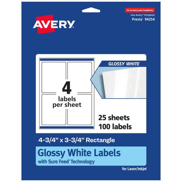 AVERY PRODUCTS CORPORATION 94254-WGP25 Avery Glossy Permanent Labels With Sure Feed, 94254-WGP25, Rectangle, 4-3/4in x 3-3/4in, White, Pack Of 100 AVERY PRODUCTS CORPORATION 94254-WGP25 Avery Glossy Permanent Labels With Sure Feed, 94254-WGP25, Rectangle, 4-3/4in x 3-3/4in, White, Pack Of 100