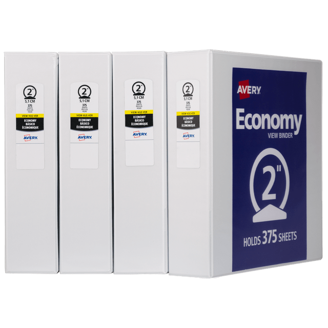 AVERY PRODUCTS CORPORATION 19202 Avery Economy View 3 Ring Binders, 2in Round Rings, White, Pack Of 4 AVERY PRODUCTS CORPORATION 19202 Avery Economy View 3 Ring Binders, 2in Round Rings, White, Pack Of 4