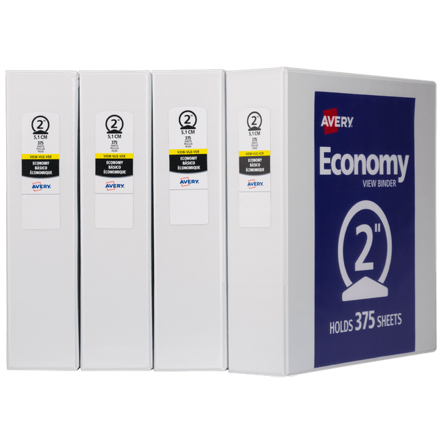 AVERY PRODUCTS CORPORATION 19202 Avery Economy View 3 Ring Binders, 2in Round Rings, White, Pack Of 4