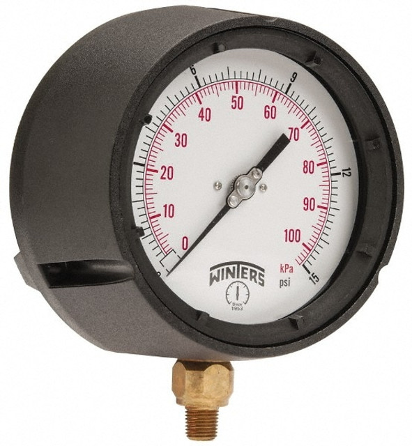 Winters PPC5081 Pressure Gauge: 4-1/2" Dial, 1/4" Thread, Lower Mount