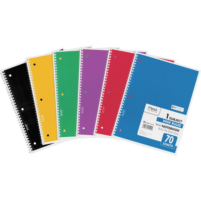 ACCO BRANDS USA, LLC 05510BD Mead Spiral Notebooks, 8-1/2in x 10-1/2in, 1 Subject, Wide Ruled, 70 Sheets, Assorted Colors, Pack Of 6 Notebooks ACCO BRANDS USA, LLC 05510BD Mead Spiral Notebooks, 8-1/2in x 10-1/2in, 1 Subject, Wide Ruled, 70 Sheets, Assorted Colors, Pack Of 6 Notebooks
