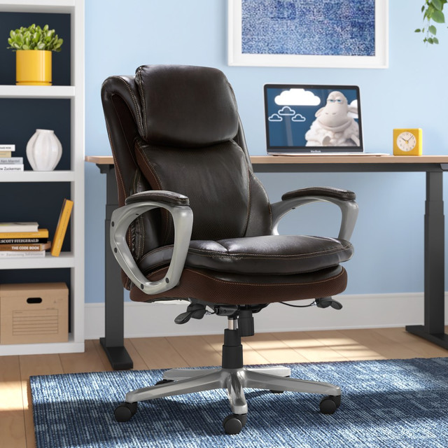 OFFICE DEPOT Serta 51444  Smart Layers Arlington AIR Ergonomic Bonded Leather High-Back Executive Chair, Brown/Silver