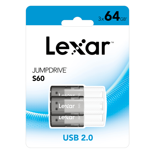LEXAR INTERNATIONAL LJDS60-64GBNNU3 Lexar JumpDrive S60 USB 2.0 Flash Drives, 64GB, Black Pack Of 3 Flash Drives