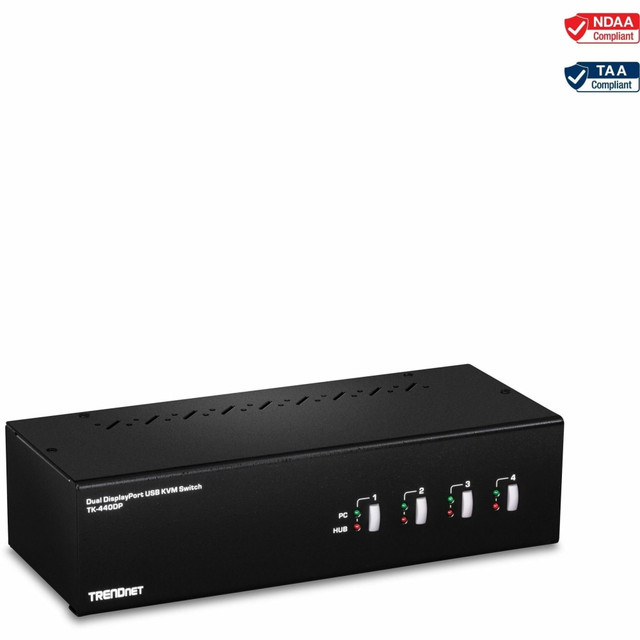TRENDNET INC. TK-440DP TRENDnet 4-Port Dual Monitor DisplayPort KVM Switch With Audio, 2-Port USB 2.0 Hub, 4K UHD Resolution Up To 3840 x 2160, Connect 4 DisplayPort Monitors, Dual Monitor 4 Port KVM Switch, Black, TK-440DP - 4-Port Dual Monitor Disp TRENDNET INC. TK-440DP TRENDnet 4-Port Dual Monitor DisplayPort KVM Switch With Audio, 2-Port USB 2.0 Hub, 4K UHD Resolution Up To 3840 x 2160, Connect 4 DisplayPort Monitors, Dual Monitor 4 Port KVM Switch, Black, TK-440DP - 4-Port Dual Monitor Disp