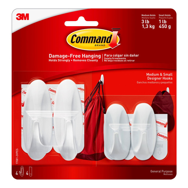 3M CO Command 170812VPES 3M Command Damage-Free Removable Plastic Hooks, Assorted Sizes, Pack Of 4